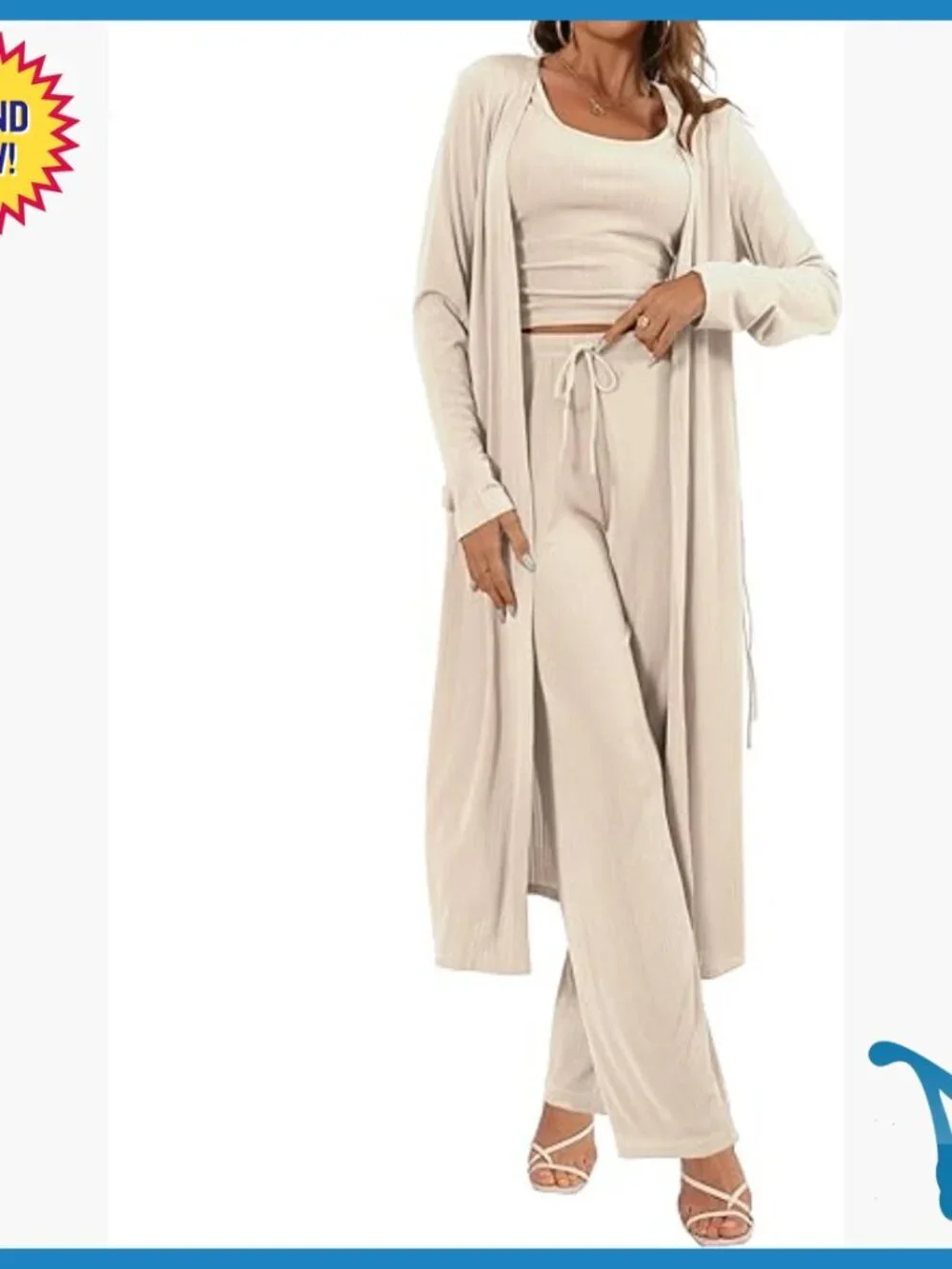 3-Piece Lounge Set with Cardigan, Pants, Tank Top - Medium Size
